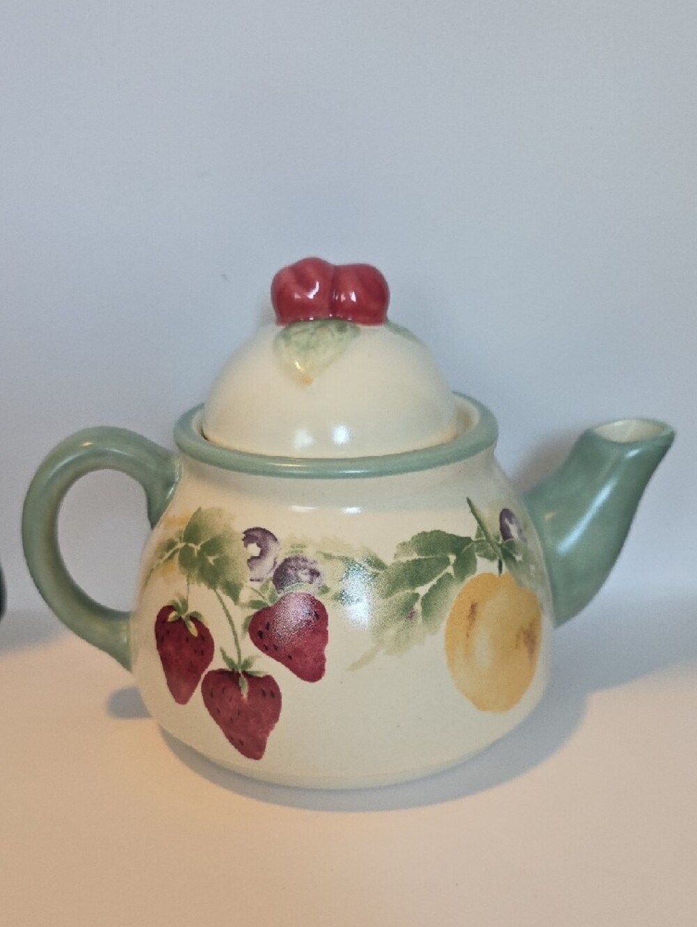 Hand-Painted Fruit Ceramic Teapot With Leaves, Stawberries, Cherries, and More